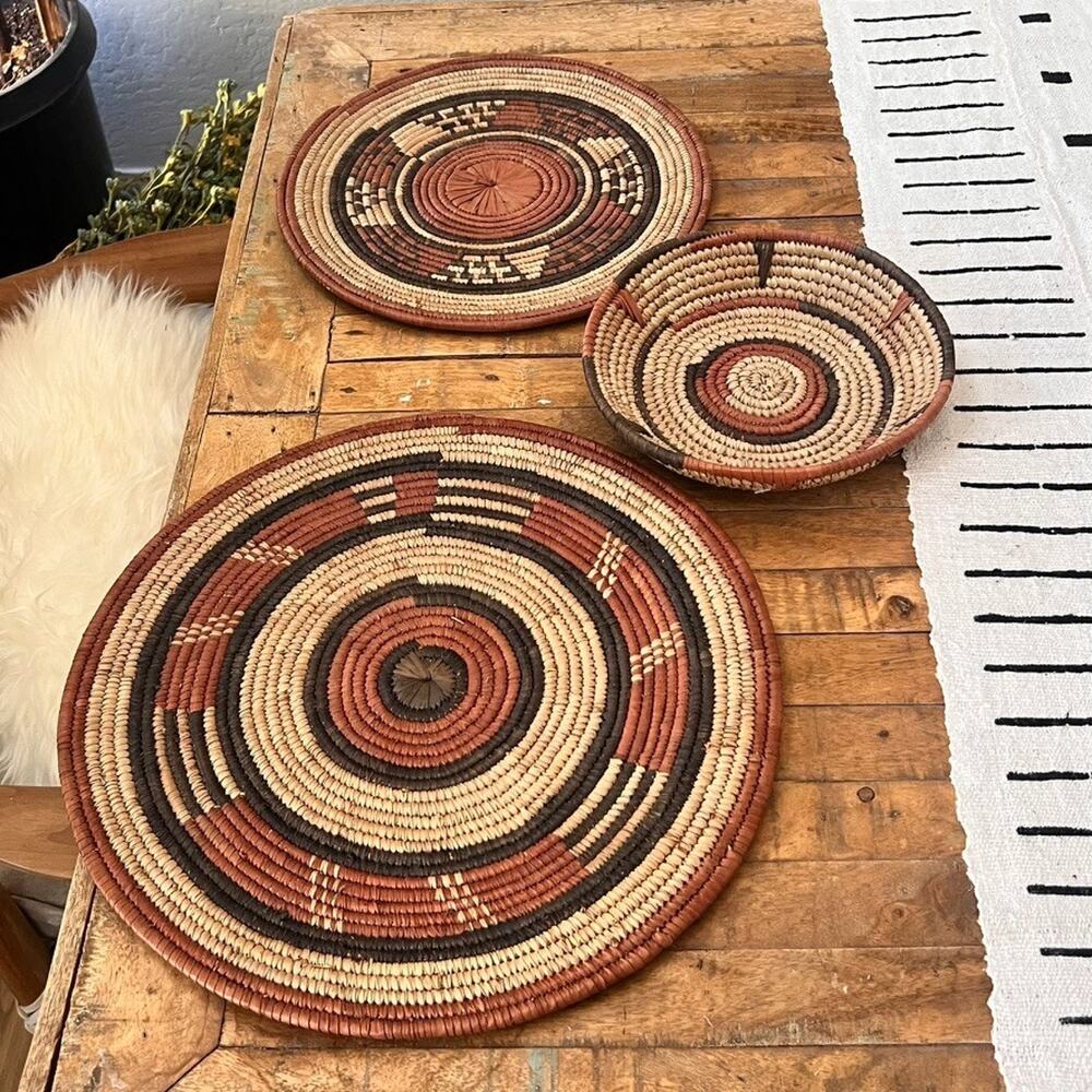 Set Of 3 African Fulani Mbeedu Rounded Flat Bowl Woven Baskets Boho